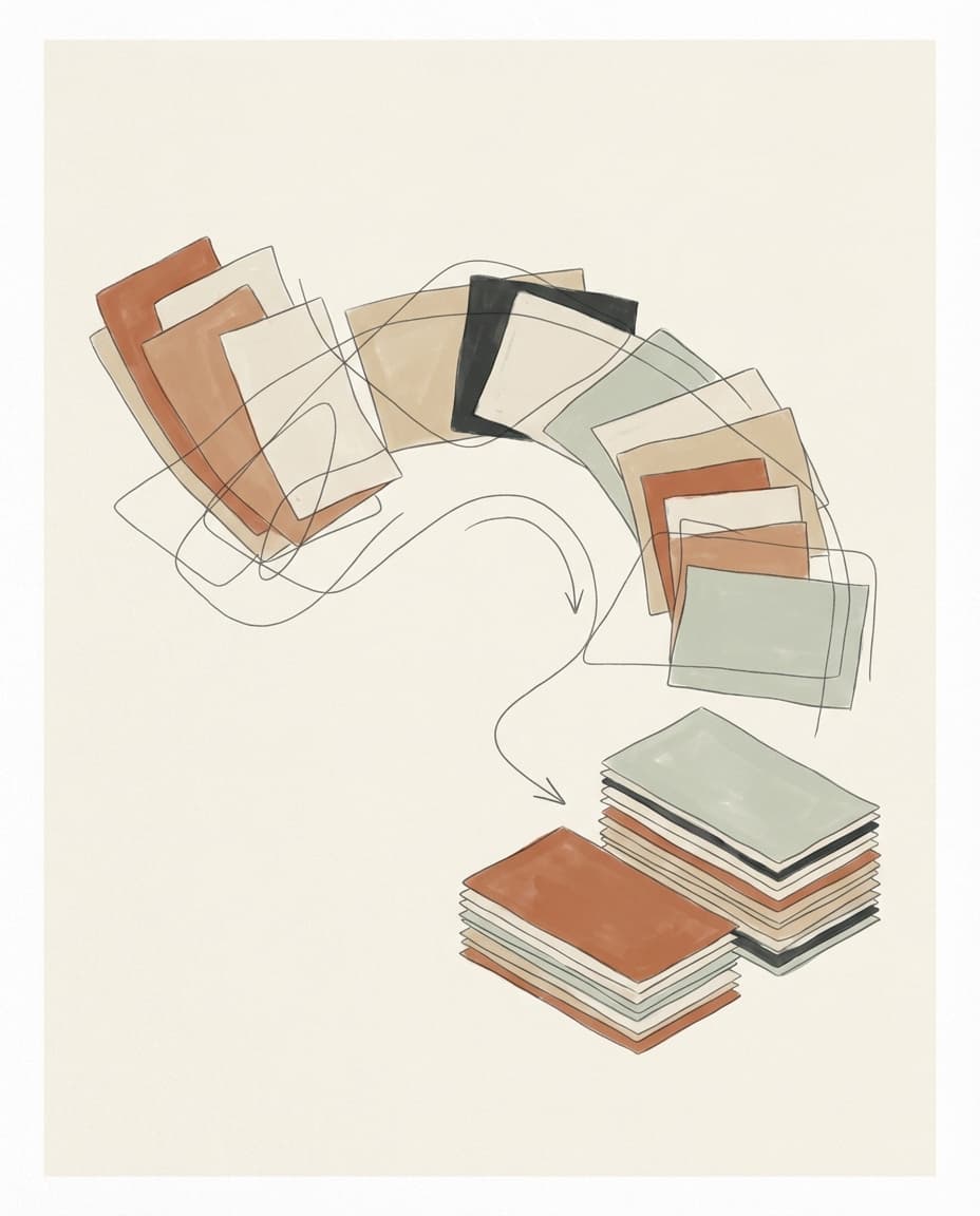 Abstract artwork of paper slips flowing into organized document stacks