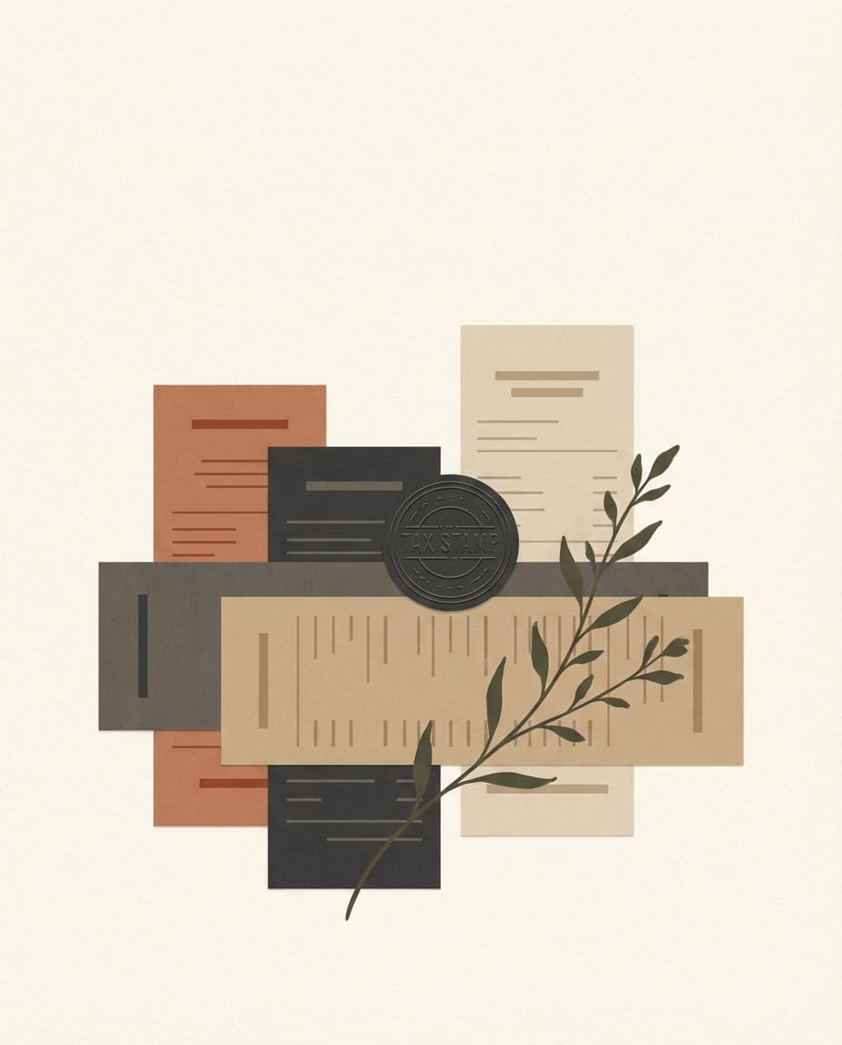 Abstract artwork of layered receipts and a tax-stamp motif