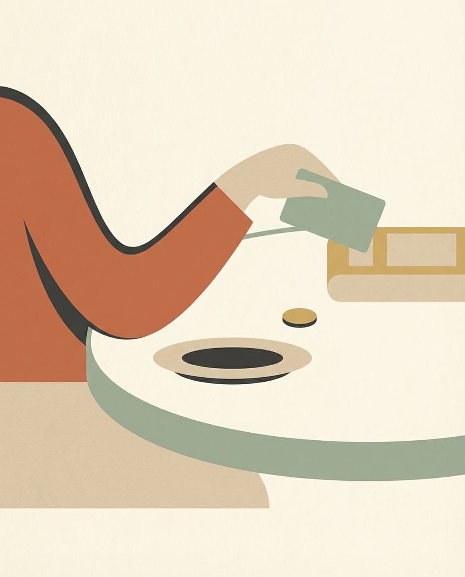 Abstract illustration of a person paying a restaurant bill by card.